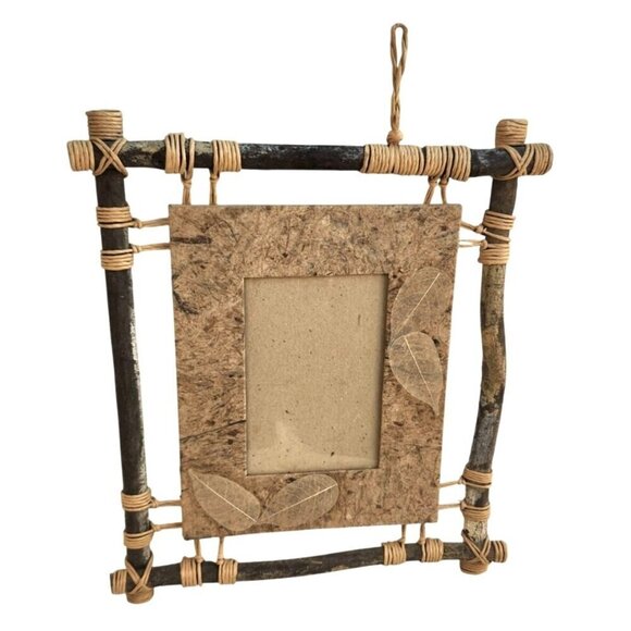 Rustic Natural Wood & Leaf Picture Art Frame With Bark Accent Boho Decor - Picture 1 of 8
